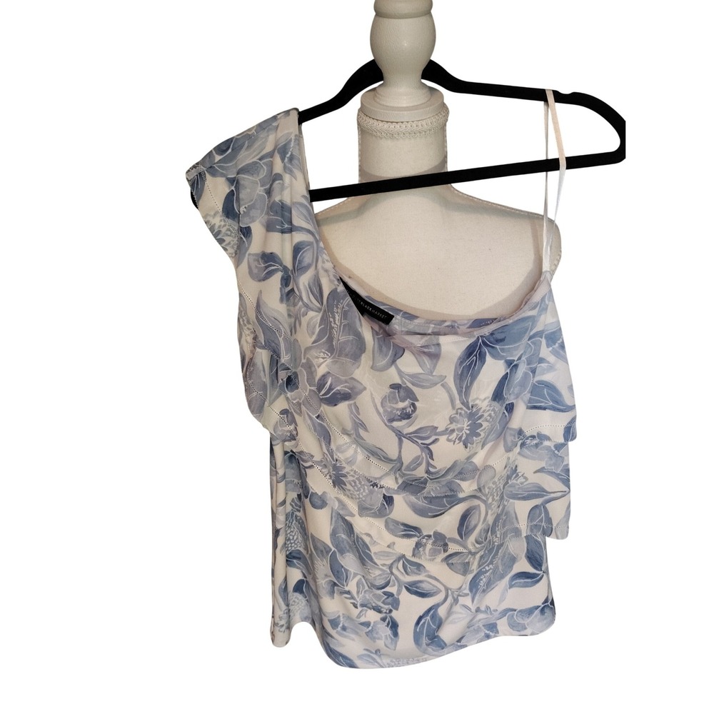 White House Black Market Floral‎ One Shoulder Ruffle Top Blue White Large L201